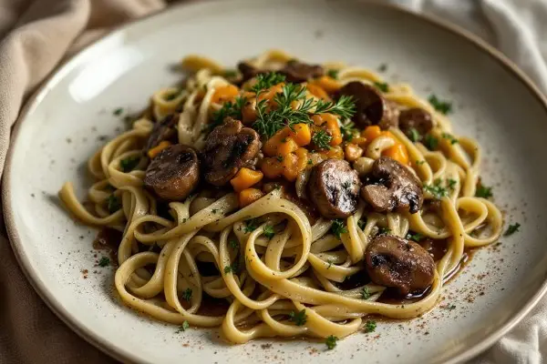 Rinderbraten mit Pilzen und Estragon Bandnudeln