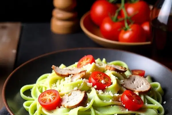 Naturschnitzel vom Schwein mit Basilikum Bandnudeln