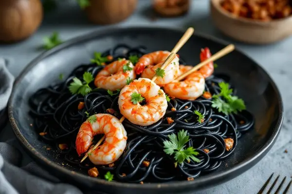 Gegrillte Shrimps mit Sepia - Bandnudeln