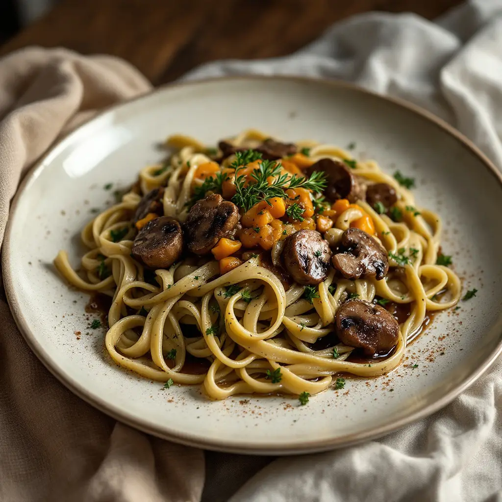 Rinderbraten mit Pilzen und Estragon Bandnudeln