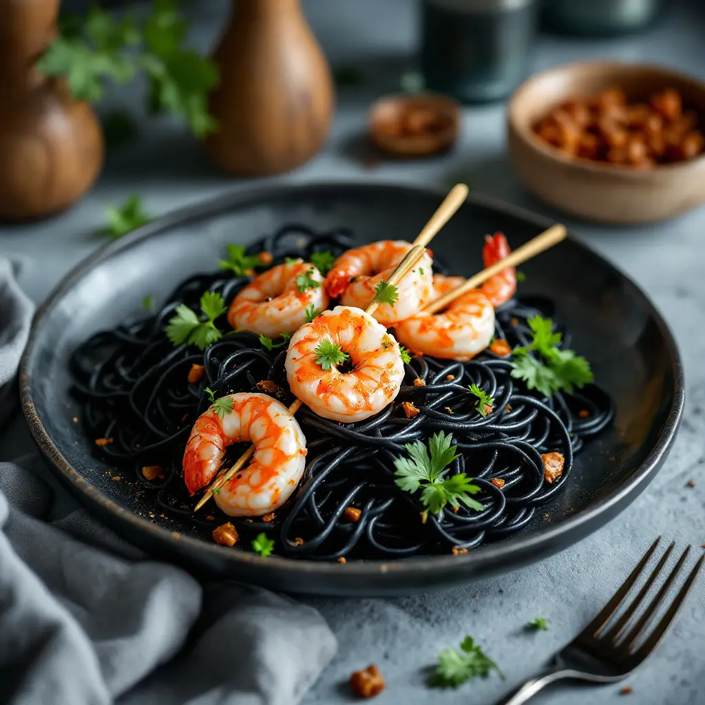 Gegrillte Shrimps mit Sepia - Bandnudeln